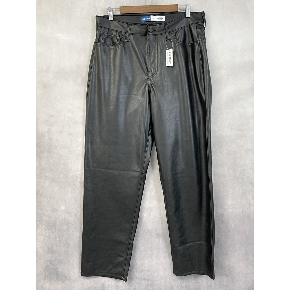 Old Navy OG Loose Faux Leather Pants Women 14 High Rise Straight Edgy Indie Moto
